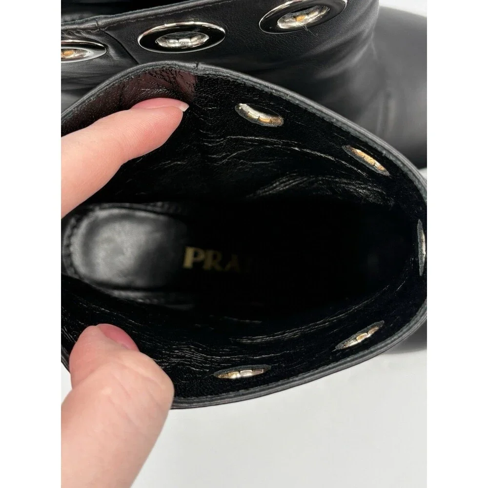 Prada Black Leather Block Heel Ankle Boots Silver Grommet Accent Sz EU 36